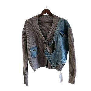 Commense Denim Jean Sweater Jacket Button Front Pockets Artsy Boho M NEW